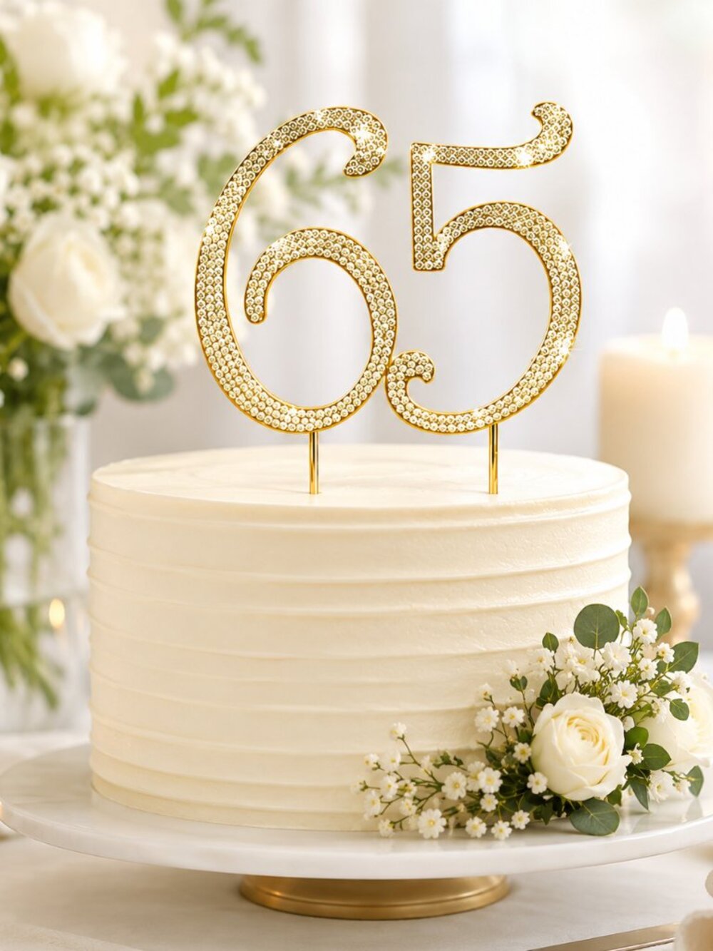 Rhinestone Cake Topper - Number 65 - Gold Metal with Czech Rhinestones